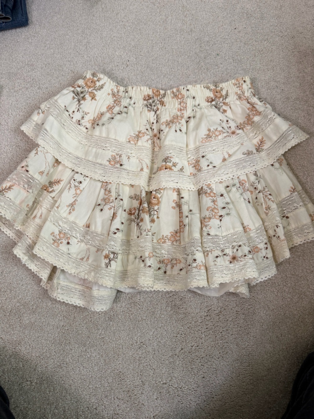 Love Shack Fancy Floral Lace Trim Smocked skirt - Cream & Dusty Rose